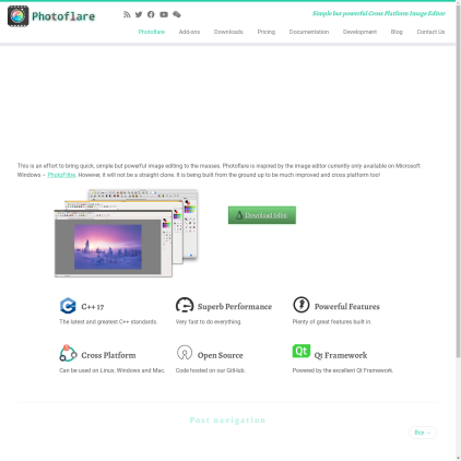 A detailed screenshot showcasing the homepage of photoflare.io, highlighting its main features and design elements.