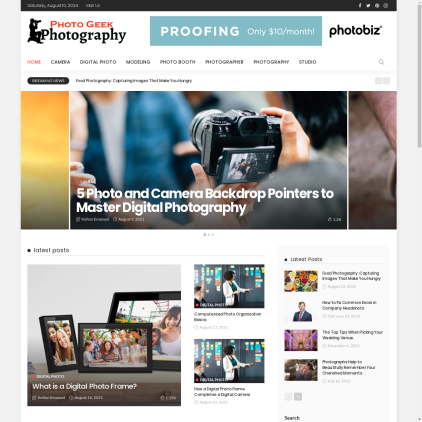 A detailed screenshot showcasing the homepage of photogeekphotography.com, highlighting its main features and design elements.