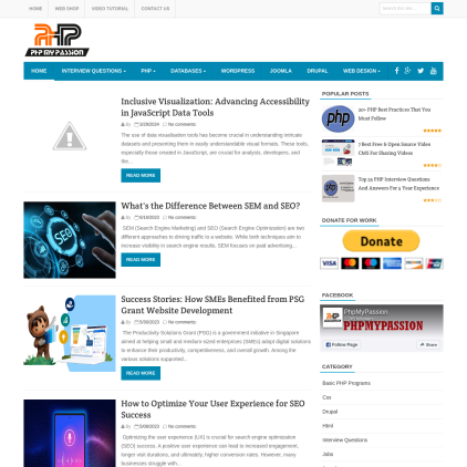 A detailed screenshot showcasing the homepage of phpmypassion.com, highlighting its main features and design elements.