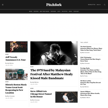 A detailed screenshot showcasing the homepage of pitchfork.com, highlighting its main features and design elements.