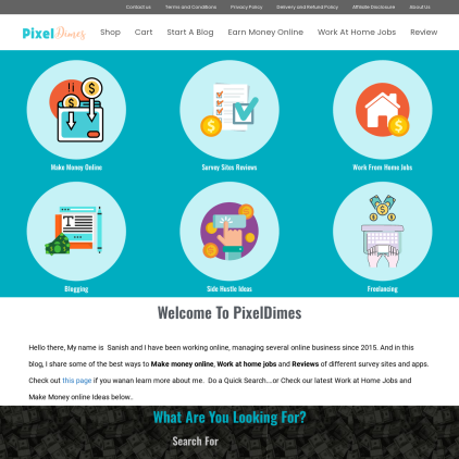 A detailed screenshot showcasing the homepage of pixeldimes.com, highlighting its main features and design elements.