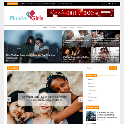 A detailed screenshot showcasing the homepage of plundergirls.com, highlighting its main features and design elements.