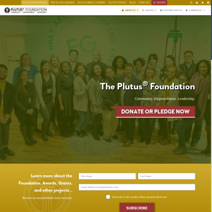 A detailed screenshot showcasing the homepage of plutusfoundation.org, highlighting its main features and design elements.