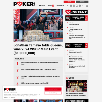 A detailed screenshot showcasing the homepage of poker.org, highlighting its main features and design elements.