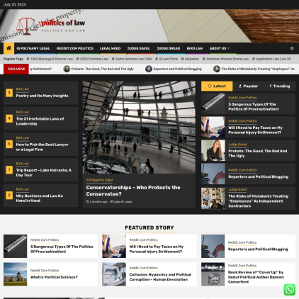 A detailed screenshot showcasing the homepage of politicsoflaw.com, highlighting its main features and design elements.