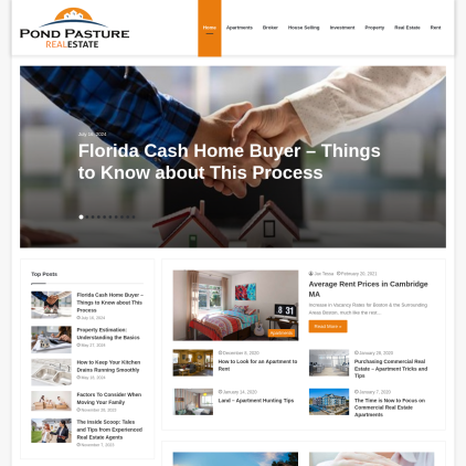 A detailed screenshot showcasing the homepage of pondpasturerealestate.com, highlighting its main features and design elements.