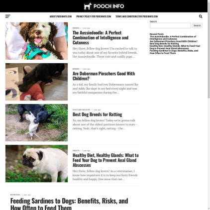 A detailed screenshot showcasing the homepage of poochinfo.com, highlighting its main features and design elements.