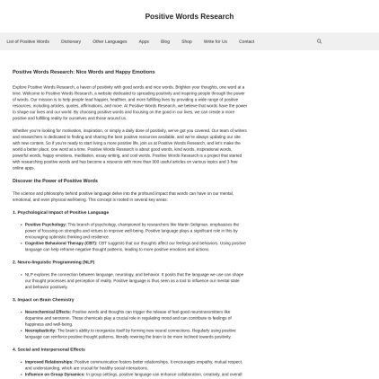 A detailed screenshot showcasing the homepage of positivewordsresearch.com, highlighting its main features and design elements.