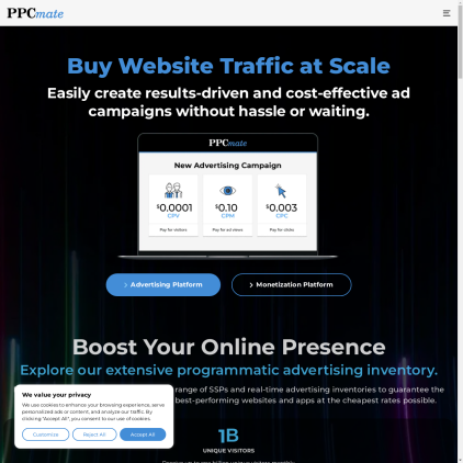 A detailed screenshot showcasing the homepage of ppcmate.com, highlighting its main features and design elements.