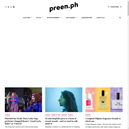 A detailed screenshot showcasing the homepage of preen.ph, highlighting its main features and design elements.