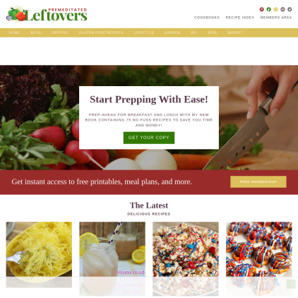 A detailed screenshot showcasing the homepage of premeditatedleftovers.com, highlighting its main features and design elements.