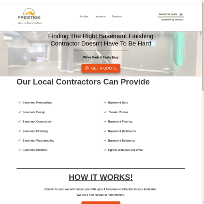 A detailed screenshot showcasing the homepage of prestigebasementfinishing.com, highlighting its main features and design elements.