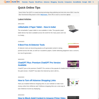 A detailed screenshot showcasing the homepage of quickonlinetips.com, highlighting its main features and design elements.