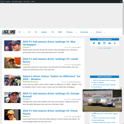 A detailed screenshot showcasing the homepage of racefans.net, highlighting its main features and design elements.