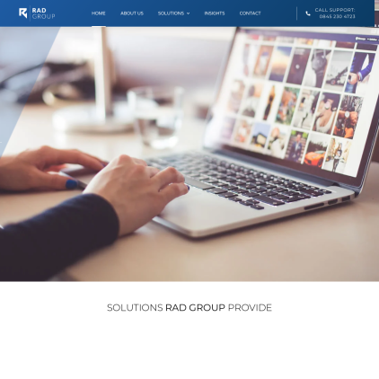A detailed screenshot showcasing the homepage of rad-group.co.uk, highlighting its main features and design elements.