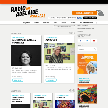 A detailed screenshot showcasing the homepage of radioadelaide.org.au, highlighting its main features and design elements.