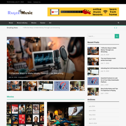 A detailed screenshot showcasing the homepage of ragermusic.com, highlighting its main features and design elements.