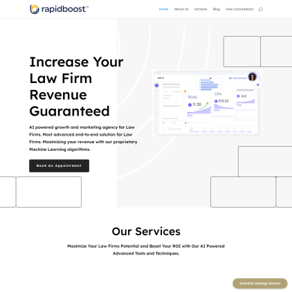 A detailed screenshot showcasing the homepage of rapidboostmarketing.com, highlighting its main features and design elements.