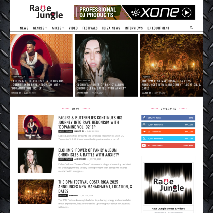 A detailed screenshot showcasing the homepage of ravejungle.com, highlighting its main features and design elements.