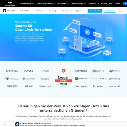 A detailed screenshot showcasing the homepage of recoverit.wondershare.de, highlighting its main features and design elements.