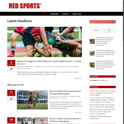 A detailed screenshot showcasing the homepage of redsports.sg, highlighting its main features and design elements.