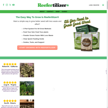 A detailed screenshot showcasing the homepage of reefertilizer.com, highlighting its main features and design elements.