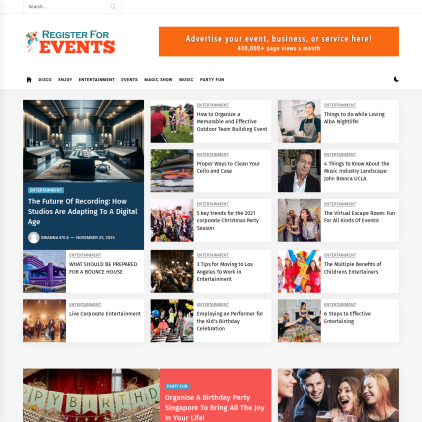 A detailed screenshot showcasing the homepage of register-for-events.com, highlighting its main features and design elements.