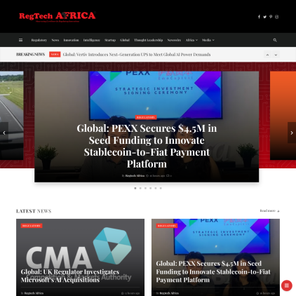 A detailed screenshot showcasing the homepage of regtechafrica.com, highlighting its main features and design elements.