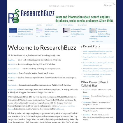 A detailed screenshot showcasing the homepage of researchbuzz.me, highlighting its main features and design elements.