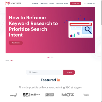 A detailed screenshot showcasing the homepage of resultfirst.com, highlighting its main features and design elements.