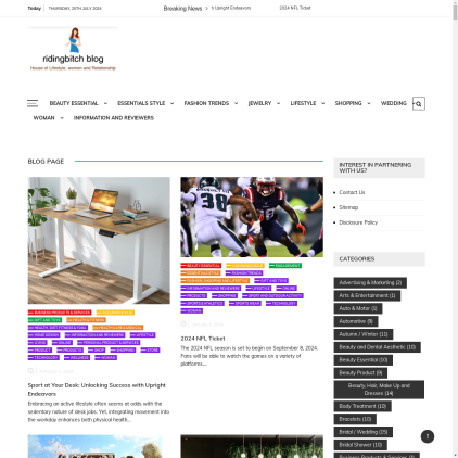 A detailed screenshot showcasing the homepage of ridingbitchblog.com, highlighting its main features and design elements.