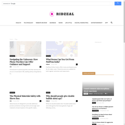 A detailed screenshot showcasing the homepage of ridzeal.com, highlighting its main features and design elements.