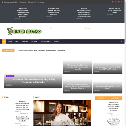 A detailed screenshot showcasing the homepage of riverbistro.net, highlighting its main features and design elements.