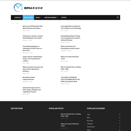 A detailed screenshot showcasing the homepage of rpmrush24.com, highlighting its main features and design elements.