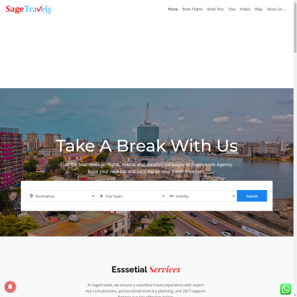 A detailed screenshot showcasing the homepage of sagetravels.com, highlighting its main features and design elements.