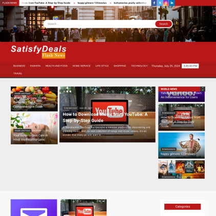 A detailed screenshot showcasing the homepage of satisfydeals.com, highlighting its main features and design elements.