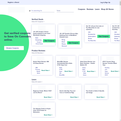 A detailed screenshot showcasing the homepage of saveoncannabis.com, highlighting its main features and design elements.