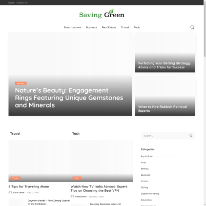 A detailed screenshot showcasing the homepage of savingugreen.com, highlighting its main features and design elements.