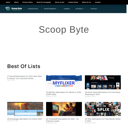 A detailed screenshot showcasing the homepage of scoopbyte.com, highlighting its main features and design elements.