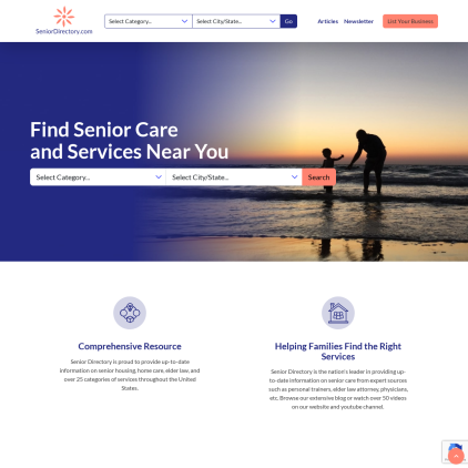 A detailed screenshot showcasing the homepage of seniordirectory.com, highlighting its main features and design elements.