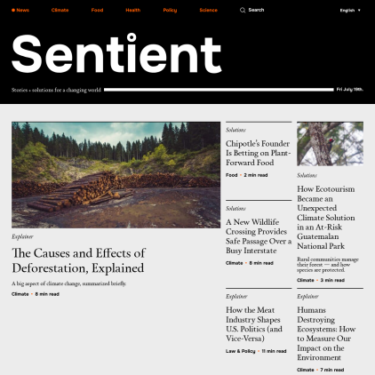 A detailed screenshot showcasing the homepage of sentientmedia.org, highlighting its main features and design elements.