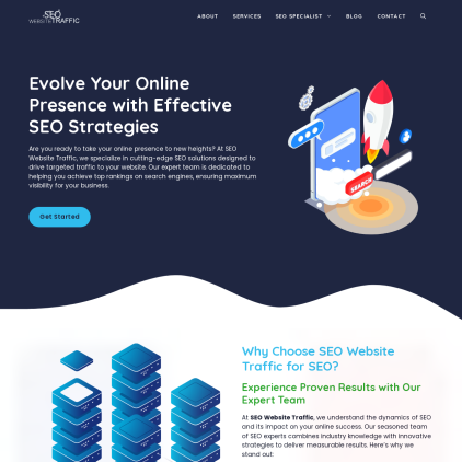 A detailed screenshot showcasing the homepage of seowebsitetraffic.net, highlighting its main features and design elements.