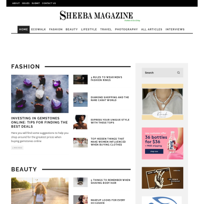 A detailed screenshot showcasing the homepage of sheebamagazine.com, highlighting its main features and design elements.