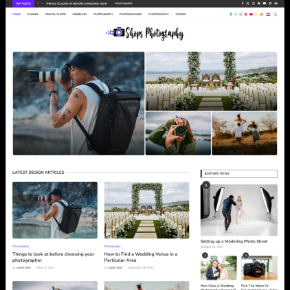 A detailed screenshot showcasing the homepage of shopsphotography.com, highlighting its main features and design elements.