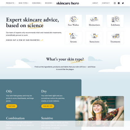 A detailed screenshot showcasing the homepage of skincarehero.com, highlighting its main features and design elements.