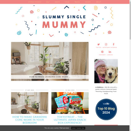 A detailed screenshot showcasing the homepage of slummysinglemummy.com, highlighting its main features and design elements.