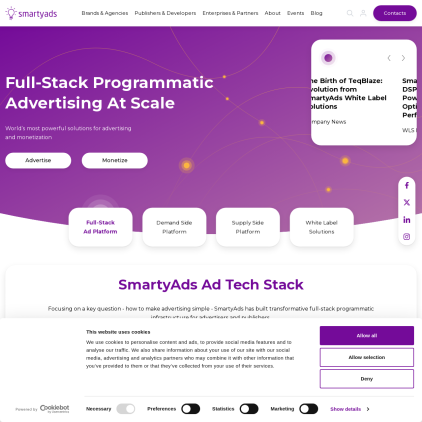 A detailed screenshot showcasing the homepage of smartyads.com, highlighting its main features and design elements.