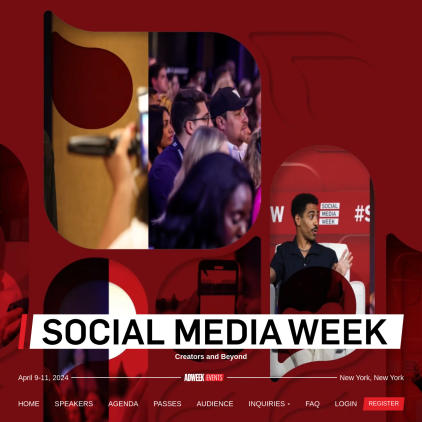 A detailed screenshot showcasing the homepage of socialmediaweek.org, highlighting its main features and design elements.