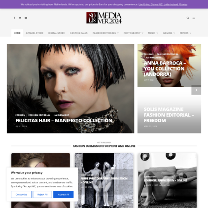 A detailed screenshot showcasing the homepage of solismagazine.com, highlighting its main features and design elements.