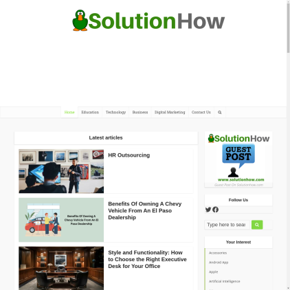 A detailed screenshot showcasing the homepage of solutionhow.com, highlighting its main features and design elements.